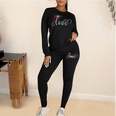 Women's Valentine's Day Love Beaded Round Neck Long Sleeve T-Shirt Basic Pants Valentine's Day Love Beaded Series Casual Two-Piece Set