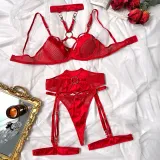Valentine's Day Hole Mesh Push-Up Sexy Lingerie Four-Piece Set