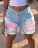 Spring Summer Patched Ripped Mid Women's Denim Shorts