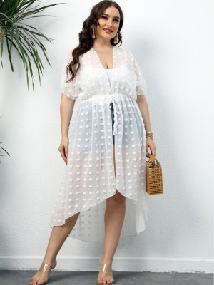 Plus Size Women Polka Dot Chiffon Shirt Beach Sunscreen Irregular Lace-Up Dress