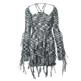 Women Spring Black and White Patchwork Tassel Halter Neck Dress