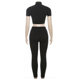 Women sexy Crop short-sleeved Top and high-waisted Casual Pant two-piece set