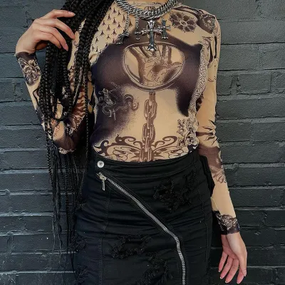 Women Mesh Print Round Neck Long Sleeve Top