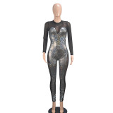 Women's Sexy See-Through Slim Sequined Mesh Long Sleeve Jumpsuit