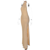 Women's Sexy Low Back Sleeveless Halter Neck Side Slit Nightclub Style Formal Party Long Dress