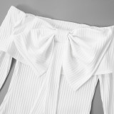 Women's Spring Solid Color Striped Long Sleeve Off Shoulder Bow Dress