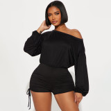 Women's Fashion Casual Off Shoulder Long Sleeve Drawstring Slim Waist Jumpsuit