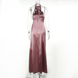 Spring Halter Neck Stand Collar Sleeveless Slim Fit Long Dress