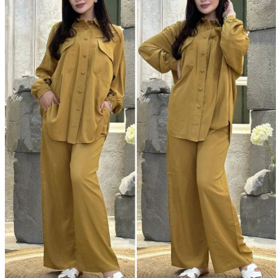 Women's Fashion Solid Color Casual Loose Long Sleeve Shirt Straight Pants Two-Piece Set