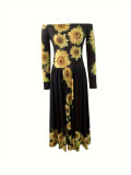 Sunflower Print Loose Long Sleeve Summer Long Dress