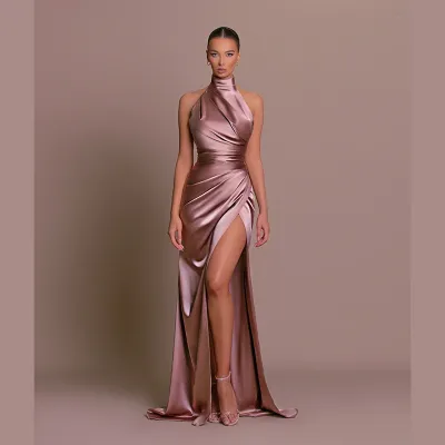 Spring Halter Neck Stand Collar Sleeveless Slim Fit Long Dress