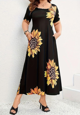 Sunflower Print Loose Short Sleeve Summer Long Dress