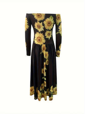 Sunflower Print Loose Long Sleeve Summer Long Dress