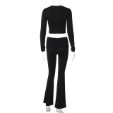 Women's Spring Fashion V-Neck Crop Top Slim Solid Color Tight Pants Two Piece Set