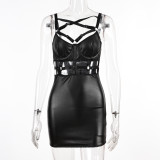 Lace-Up Pu Leather Patchwork Hollow Low Back Sexy Bodycon Nightclub Dress