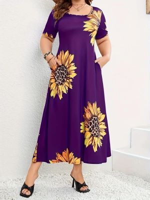 Sunflower Print Loose Short Sleeve Summer Long Dress