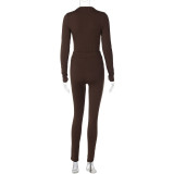 Women's Spring Fashion Solid Long Sleeve Bodysuit Slim Pants Two Piece Set