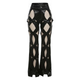 Spring Women's Sexy Hollow Straight Pu Leather Casual Trousers