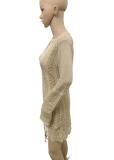 Women V neck hollow long sleeve Knitting dress