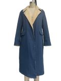 Women Sherpa Turndown Collar Strappy Double Pocket Denim Trench Coat