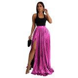 Women Solid High Waist Pleated Slit Skirt