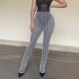 Women Sexy High Waisted Black and White Corrugated Stacked Pants