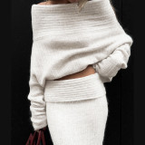 Women Off Shoulder Long Sleeve Loose Solid Knitting Sweater