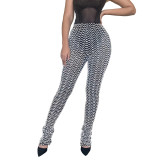 Women Sexy High Waisted Black and White Corrugated Stacked Pants