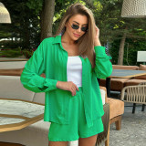 Spring and Spring Women's Solid Color Long-Sleeved Shirt Elastic Waist Loose Shorts Casual Two-Piece Set