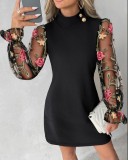 Spring Round Neck Floral See Through Long Sleeve Casual Dress
