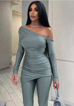 Women's Spring Solid Color Slash Shoulder Off-Shoulder Long Sleeve Top Tight Fitting Pants Casual Two Piece Set