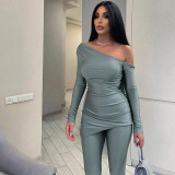 Women's Spring Solid Color Slash Shoulder Off-Shoulder Long Sleeve Top Tight Fitting Pants Casual Two Piece Set