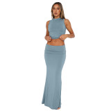 Women's Solid Color Round Neck Sleeveless Top and Long Skirt Two Piece Set