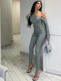 Women's Spring Solid Color Slash Shoulder Off-Shoulder Long Sleeve Top Tight Fitting Pants Casual Two Piece Set