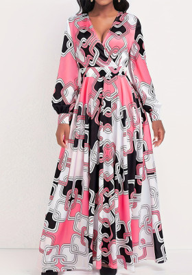 Women elegant printed v-neck beltless dress