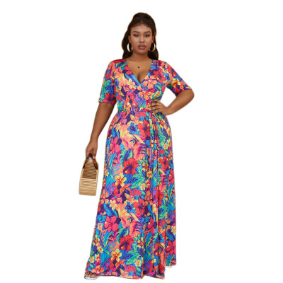 Plus Size Women Bohemian Beach Tie Dye Casual Slit Short Sleeve Maxi Dress