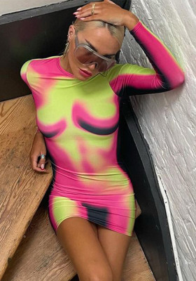 Women Spring and Summer Printed Round Neck Long Sleeve Bodycon Dress