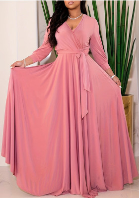 Plus Size Women Elegant V-Neck Solid Dress