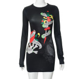 Women Winter Casual Print Round Neck Long Sleeve Dress