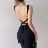 Women Spring knitting Lace-Up Strap Maxi Dress