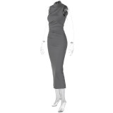 Women Solid turtleneck sleeveless pleated slit dress