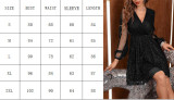 Women elegant mesh Shiny Solid three-quarter sleeves v-neck Patchwork Maxi Dress