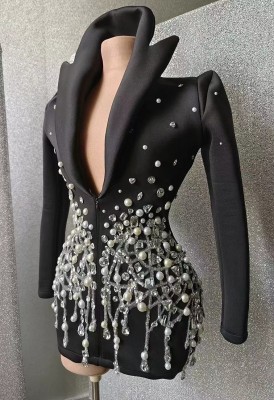 Women rhinestone beaded suit dress