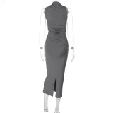Women Solid turtleneck sleeveless pleated slit dress