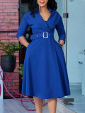 Women's Spring Fashion Turndown Collar Solid Color High Waist Elegant Plus Size Dress