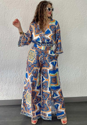 Women's Suit Fashionable Multicolor Positioning Print Top Slit Wide Leg Pants Two Pieces