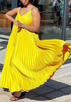 African Women's Summer Style Loose V-Neck Strap Pleated Holidays Long Dress