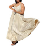 African Women's Summer Style Loose V-Neck Strap Pleated Holidays Long Dress