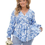Spring Ruffled Tops Blue V-Neck Printed Long-Sleeved Shirts For Women
