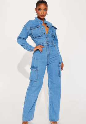 Spring Long Sleeve Pocket Washed Denim Cargo Jumpsuit